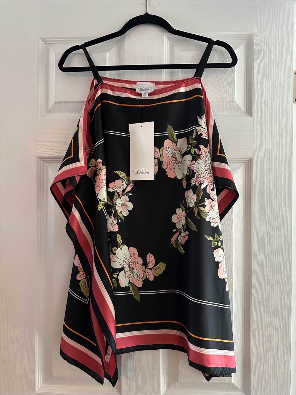 Black Floral Cold-Shoulder Tank Top with Pink Trim by Blue Heaven